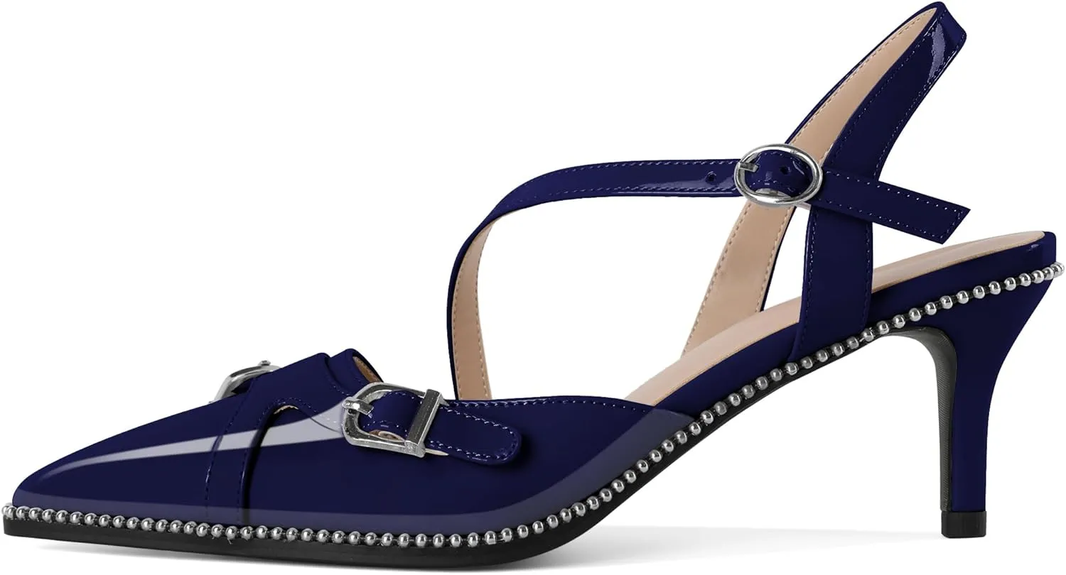 AUMOTED Women's Pointed Toe Sandals Slingback Kitten Heel Pumps Ankle Buckle 2.5 Inch Comfortable Dress Shoes