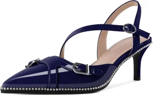 AUMOTED Women's Pointed Toe Sandals Slingback Kitten Heel Pumps Ankle Buckle 2.5 Inch Comfortable Dress Shoes