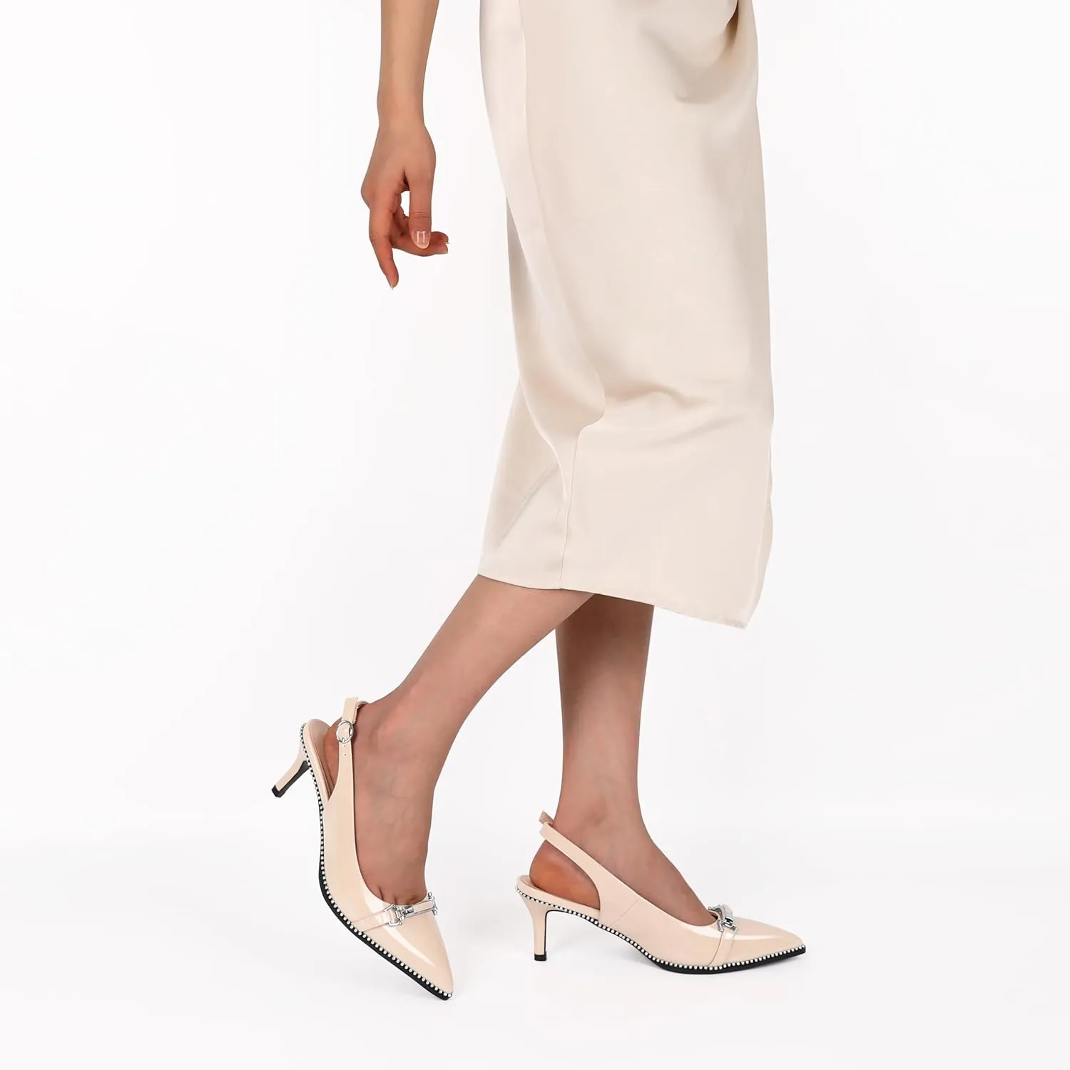 AUMOTED Women's Slingback Heels Beaded Kitten Pumps Pointed Toe Low Heels Comfortable 2.5 Inch Dress Sandals