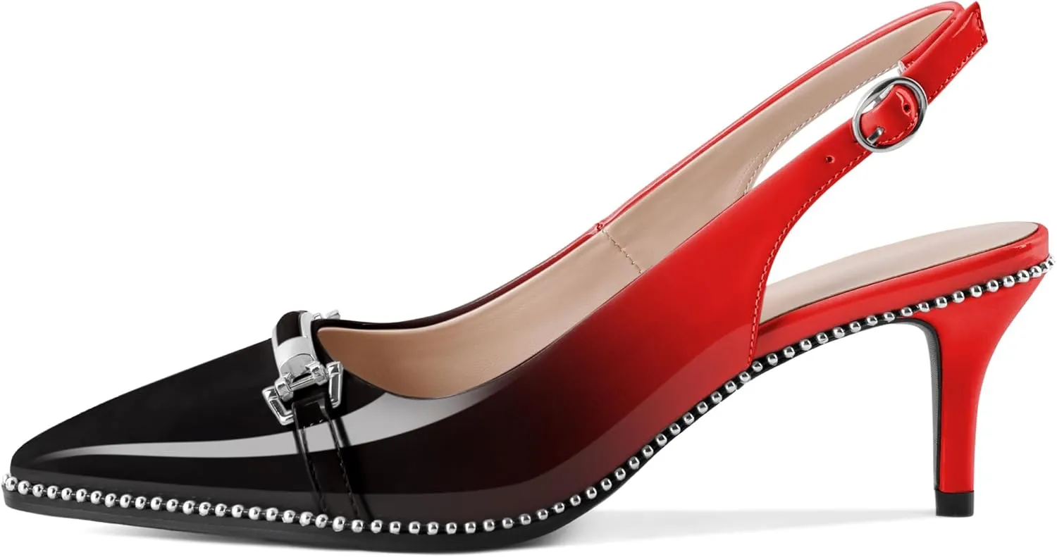 AUMOTED Women's Slingback Heels Beaded Kitten Pumps Pointed Toe Low Heels Comfortable 2.5 Inch Dress Sandals