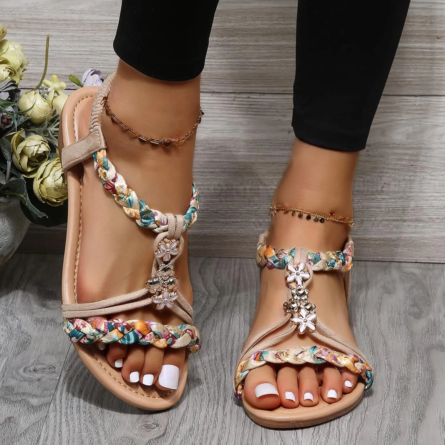 Bohemian Sandals Women Wedge Shoes Flat Beaded Sandals Beach Sandals Thong Flat Beach Slippers Sandals (Beige, 7)