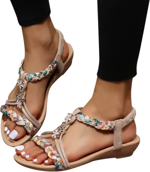Bohemian Sandals Women Wedge Shoes Flat Beaded Sandals Beach Sandals Thong Flat Beach Slippers Sandals (Beige, 7)