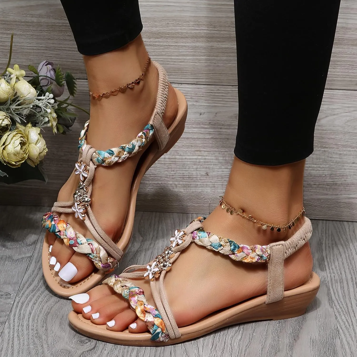 Bohemian Sandals Women Wedge Shoes Flat Beaded Sandals Beach Sandals Thong Flat Beach Slippers Sandals (Beige, 7)