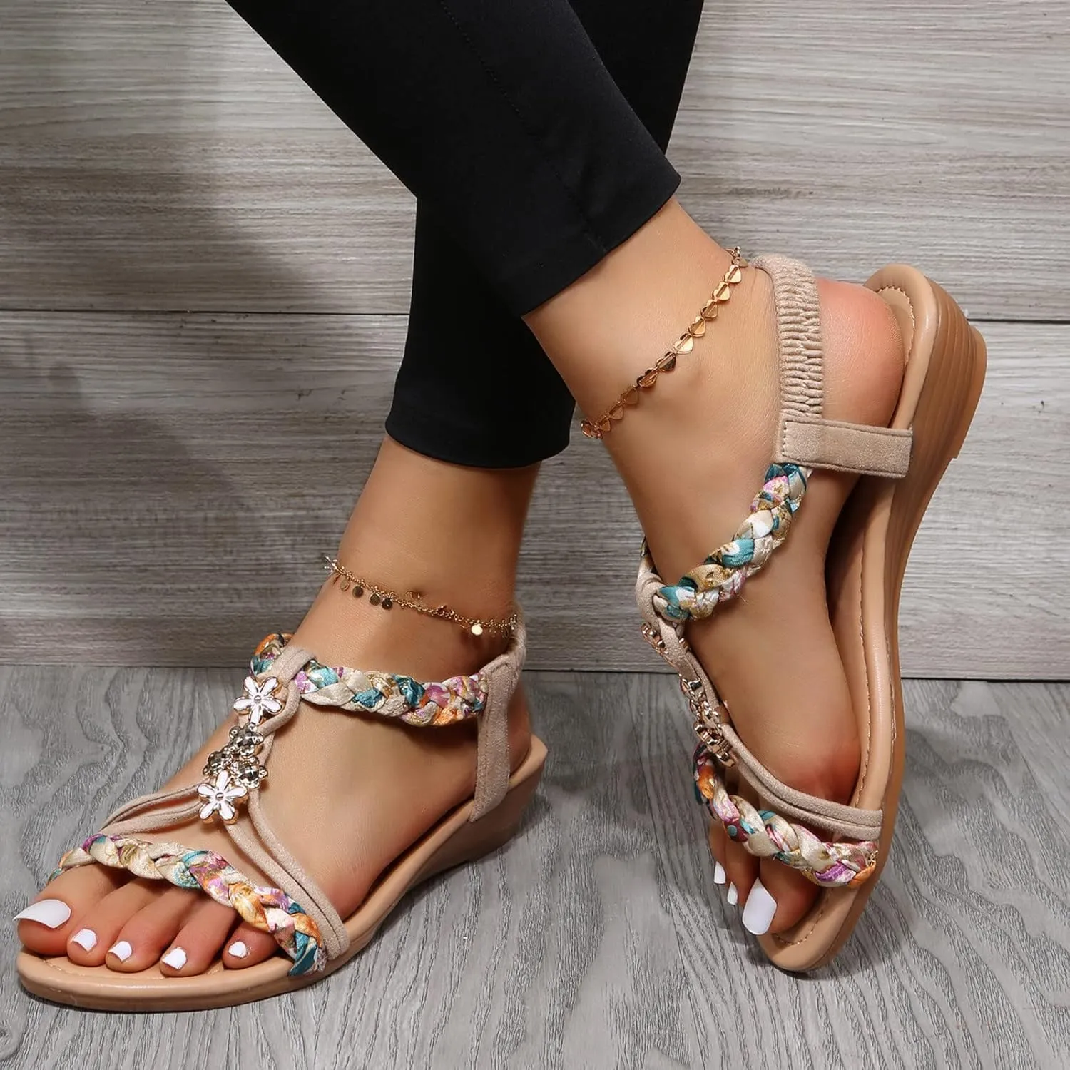 Bohemian Sandals Women Wedge Shoes Flat Beaded Sandals Beach Sandals Thong Flat Beach Slippers Sandals (Beige, 7)