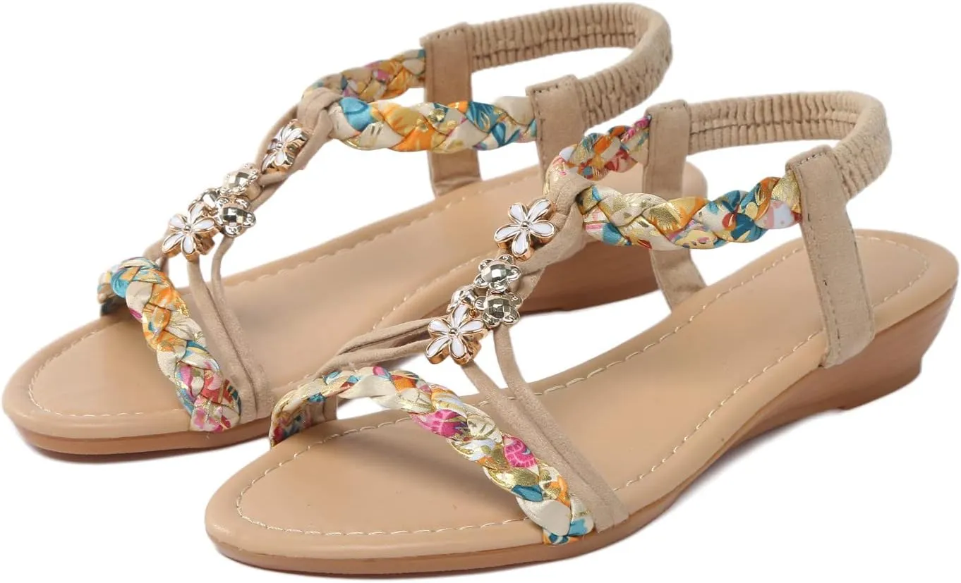 Bohemian Sandals Women Wedge Shoes Flat Beaded Sandals Beach Sandals Thong Flat Beach Slippers Sandals (Beige, 7)