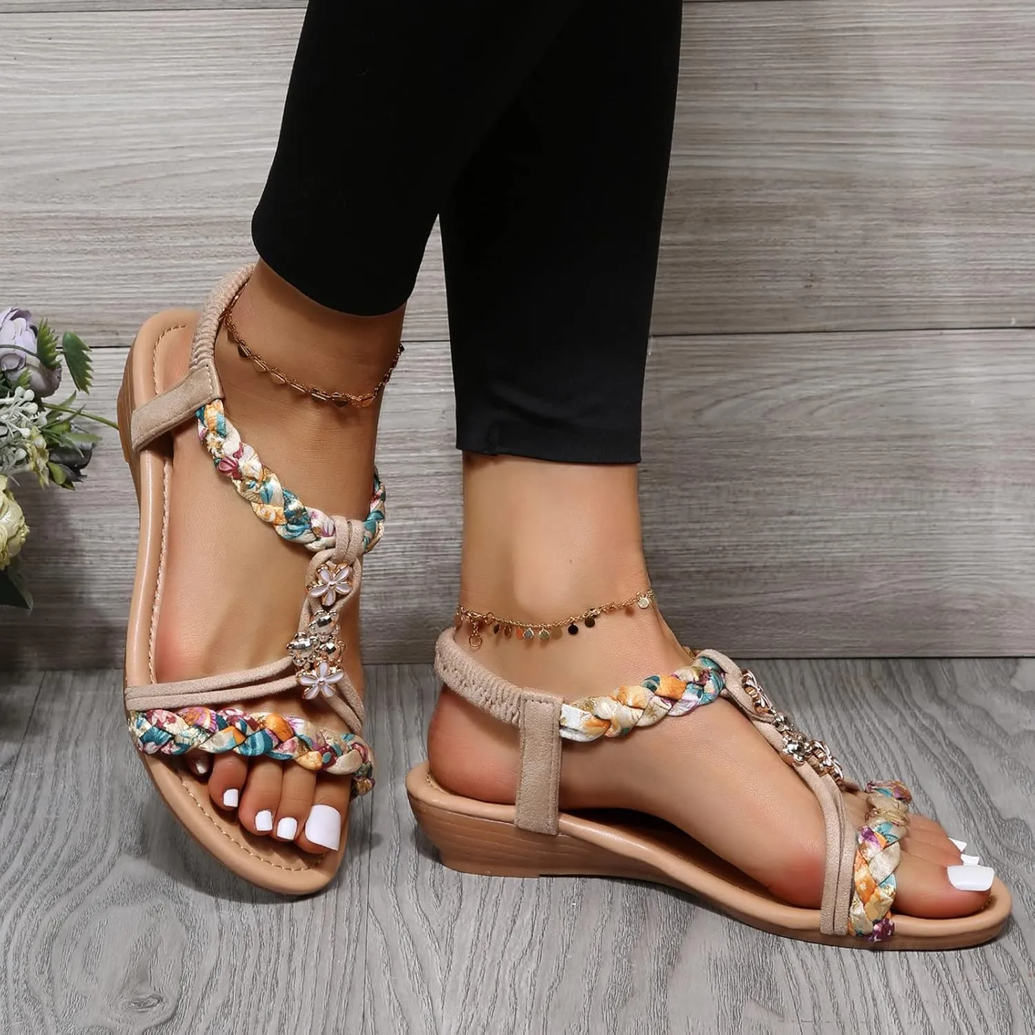 Bohemian Sandals Women Wedge Shoes Flat Beaded Sandals Beach Sandals Thong Flat Beach Slippers Sandals (Beige, 7)