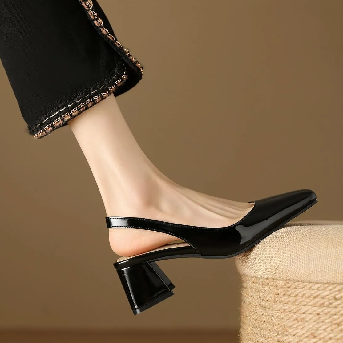 DINTAHA Womens Square Closed Toe Slingback Heels Patent Leather Low Block Heel Pumps