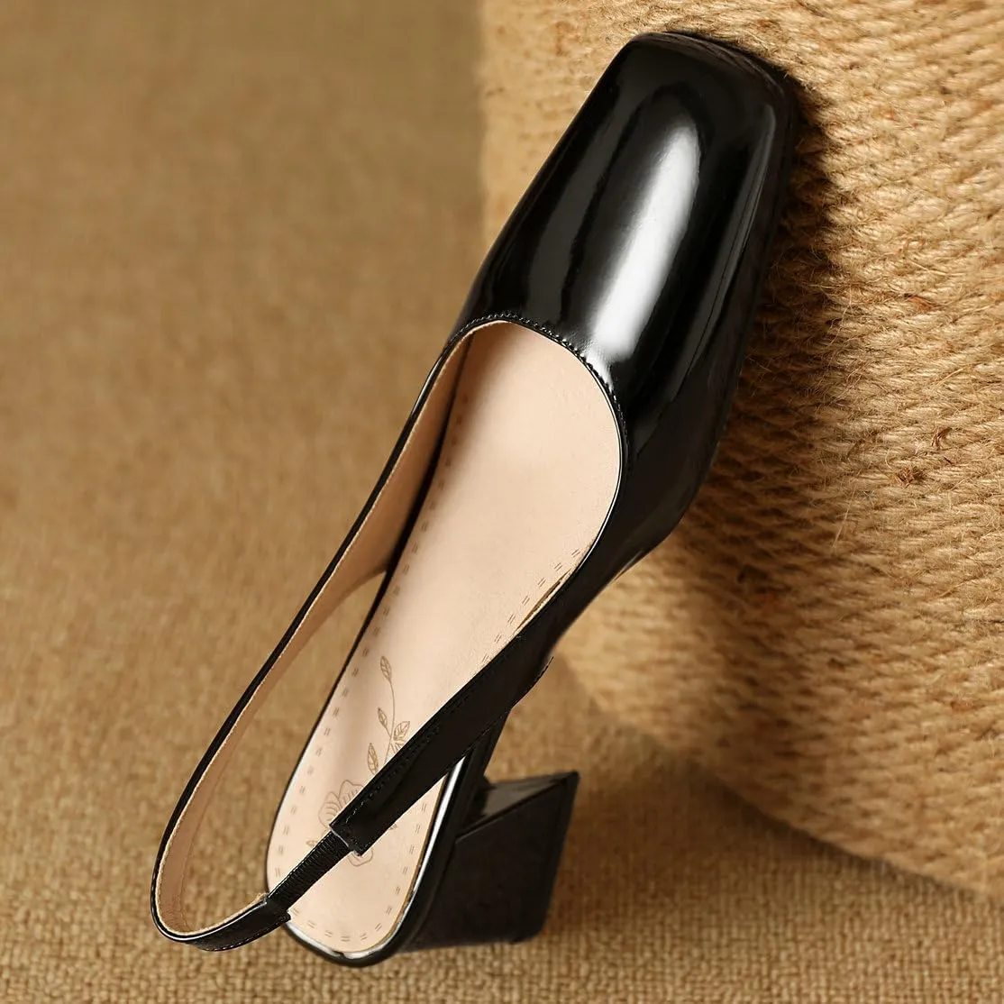DINTAHA Womens Square Closed Toe Slingback Heels Patent Leather Low Block Heel Pumps