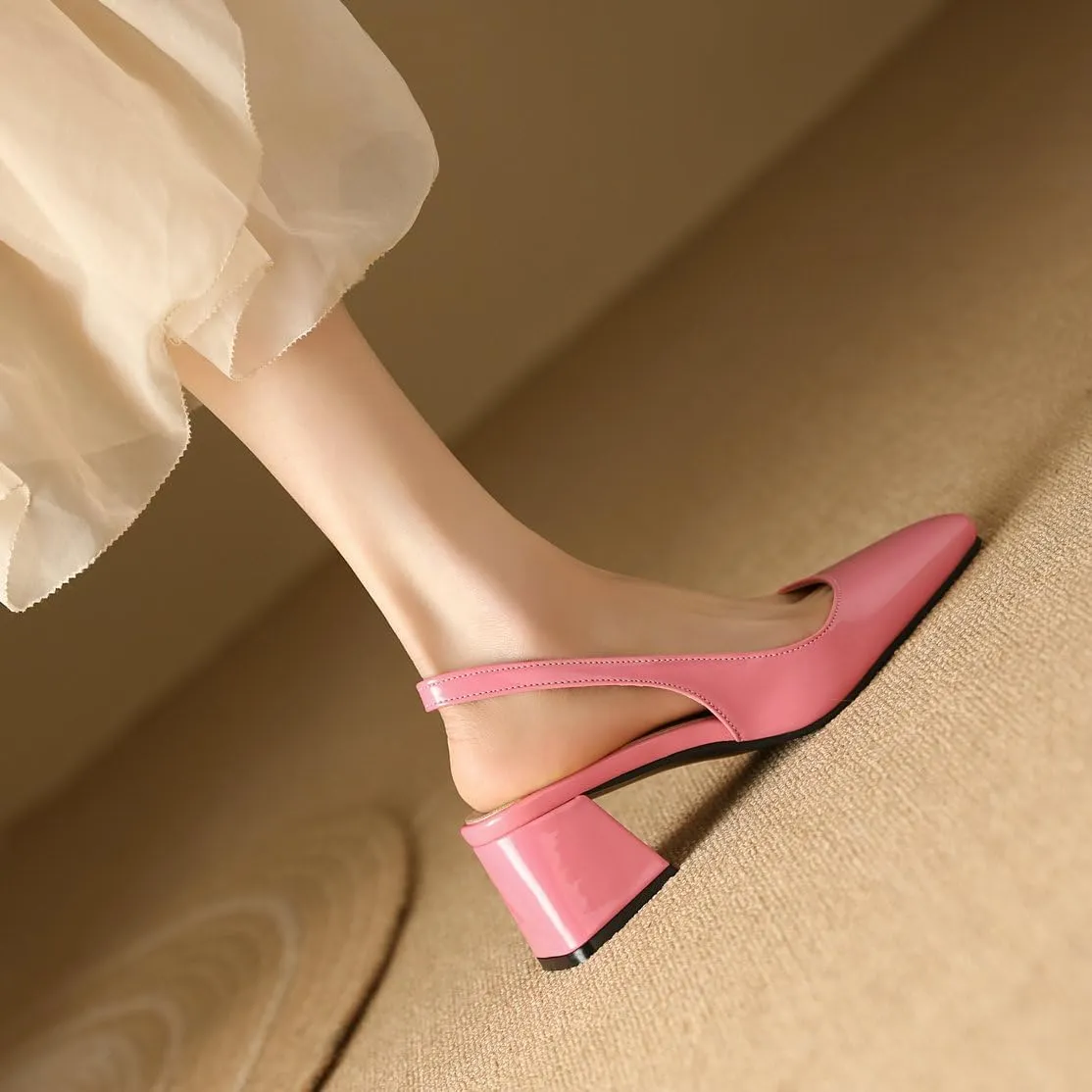 DINTAHA Womens Square Closed Toe Slingback Heels Patent Leather Low Block Heel Pumps