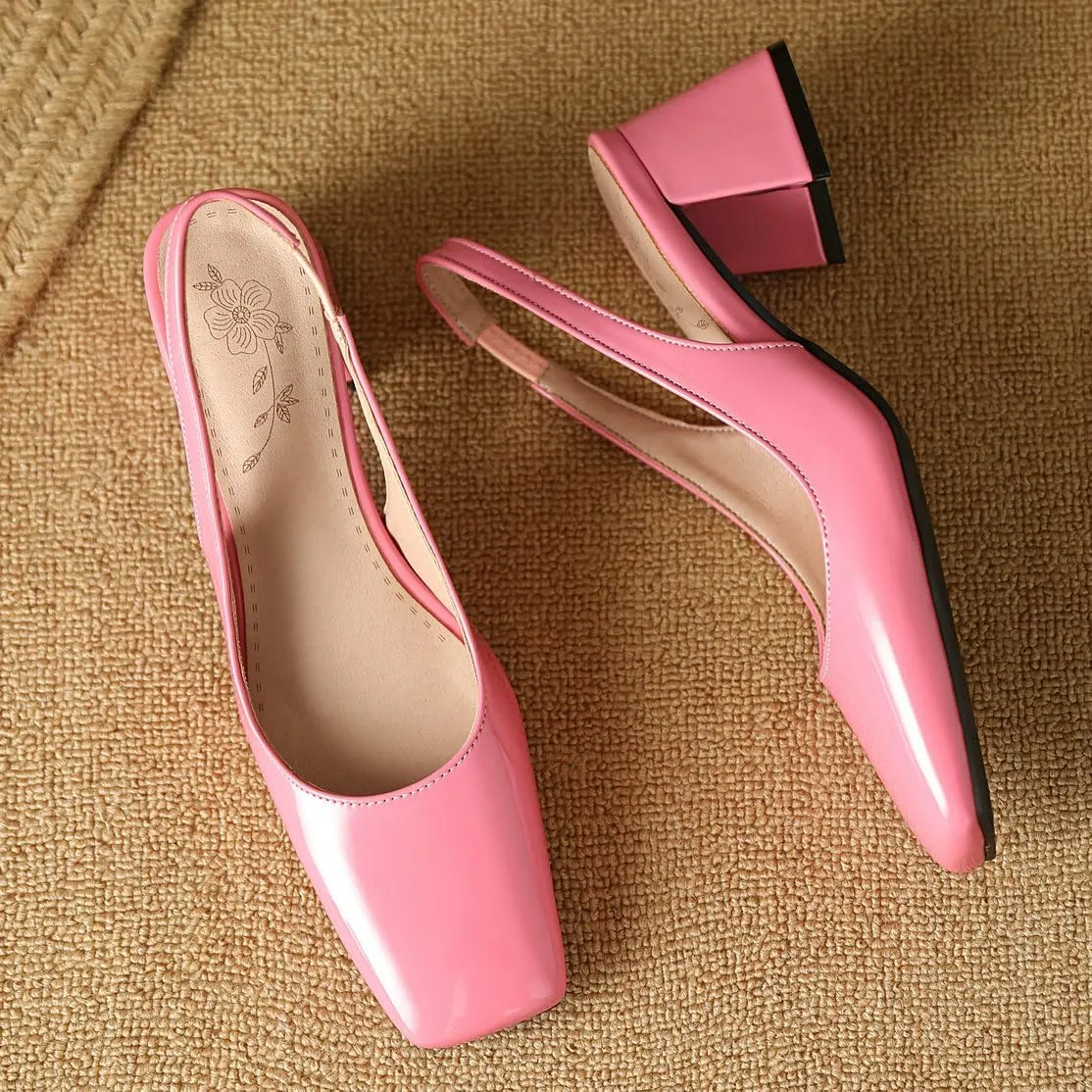 DINTAHA Womens Square Closed Toe Slingback Heels Patent Leather Low Block Heel Pumps
