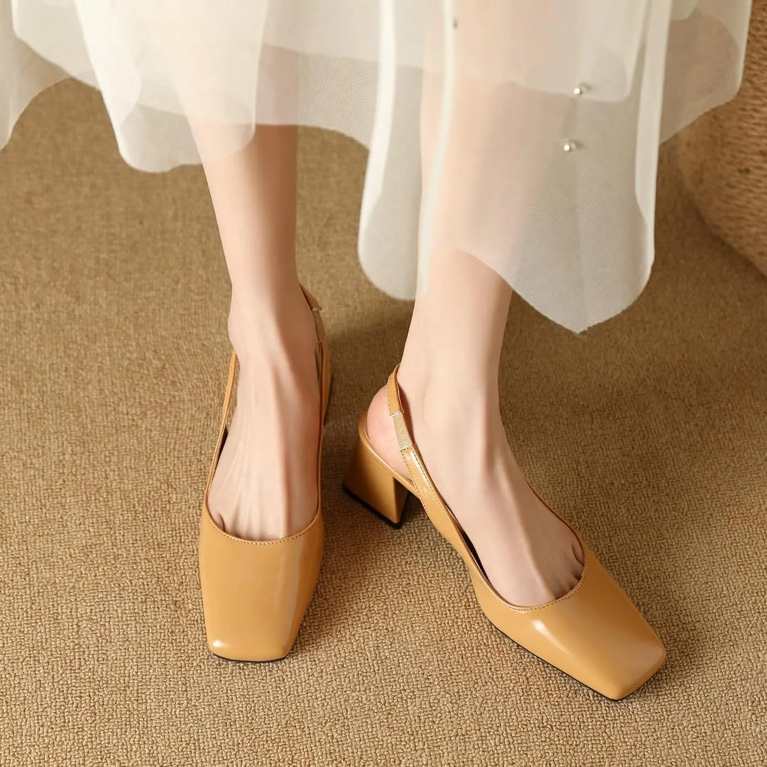 DINTAHA Womens Square Closed Toe Slingback Heels Patent Leather Low Block Heel Pumps