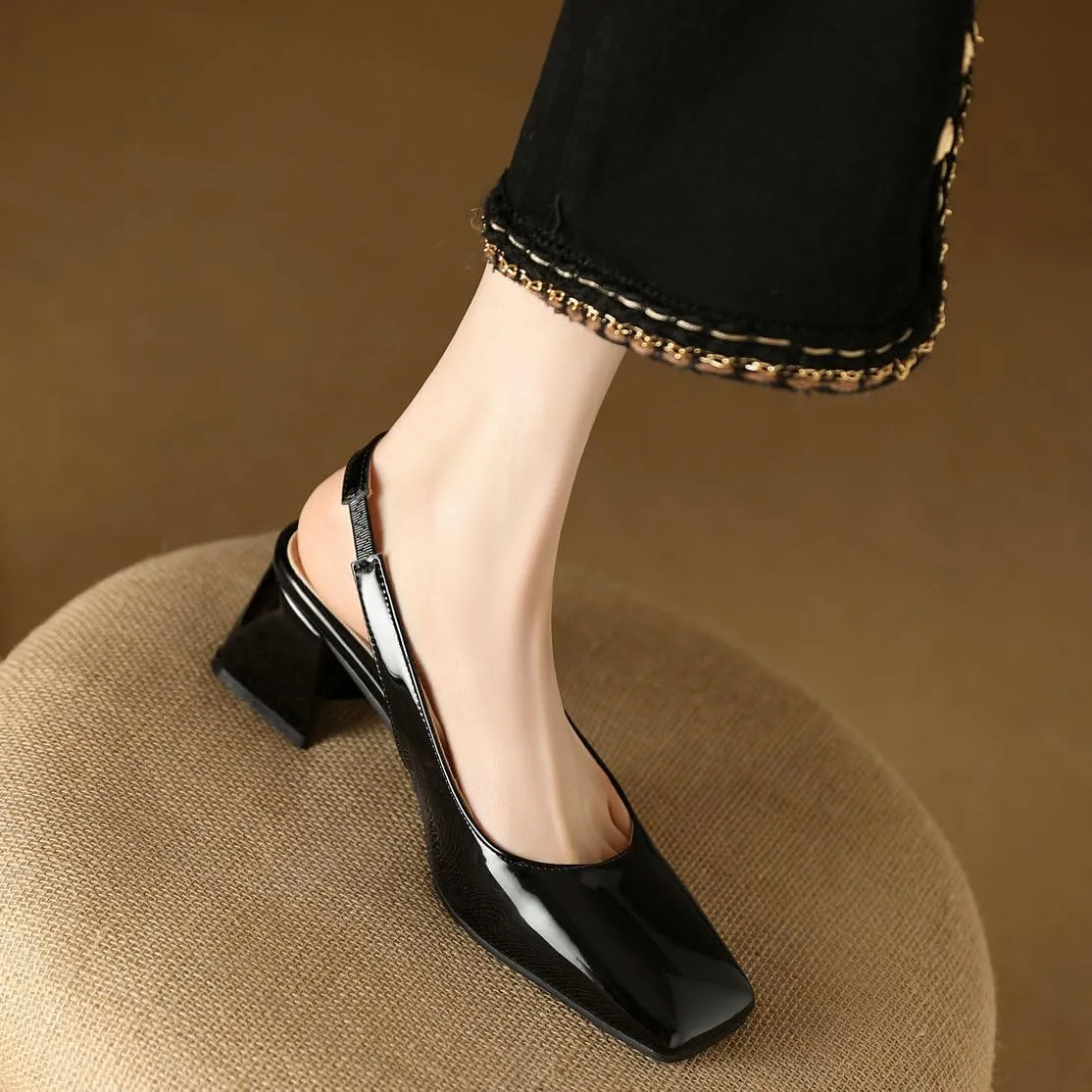 DINTAHA Womens Square Closed Toe Slingback Heels Patent Leather Low Block Heel Pumps