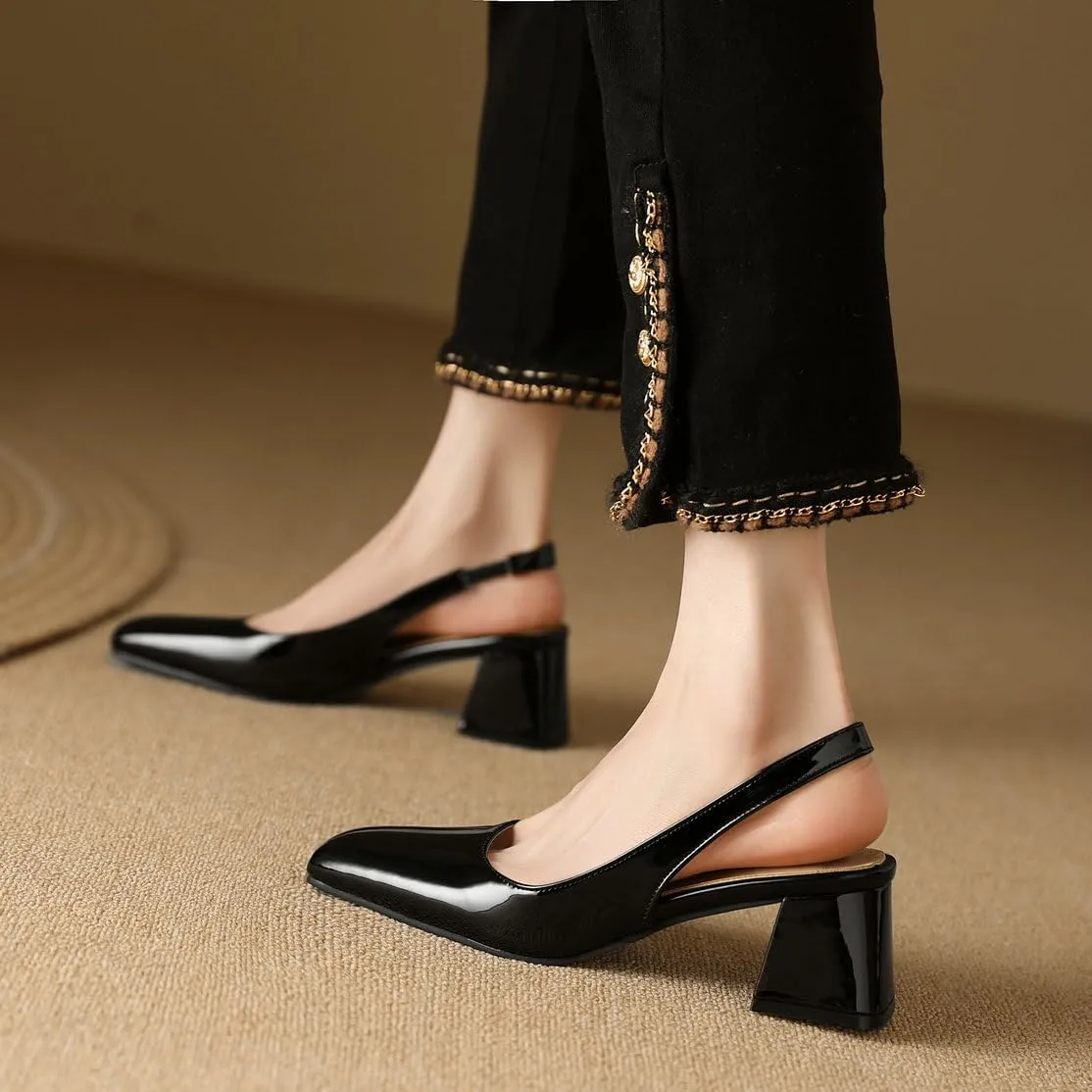 DINTAHA Womens Square Closed Toe Slingback Heels Patent Leather Low Block Heel Pumps