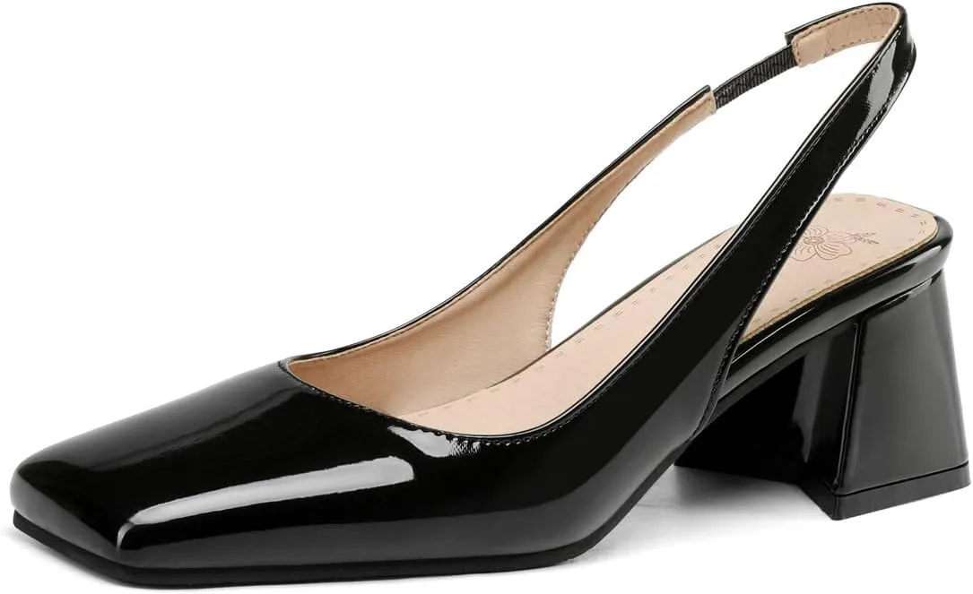 DINTAHA Womens Square Closed Toe Slingback Heels Patent Leather Low Block Heel Pumps