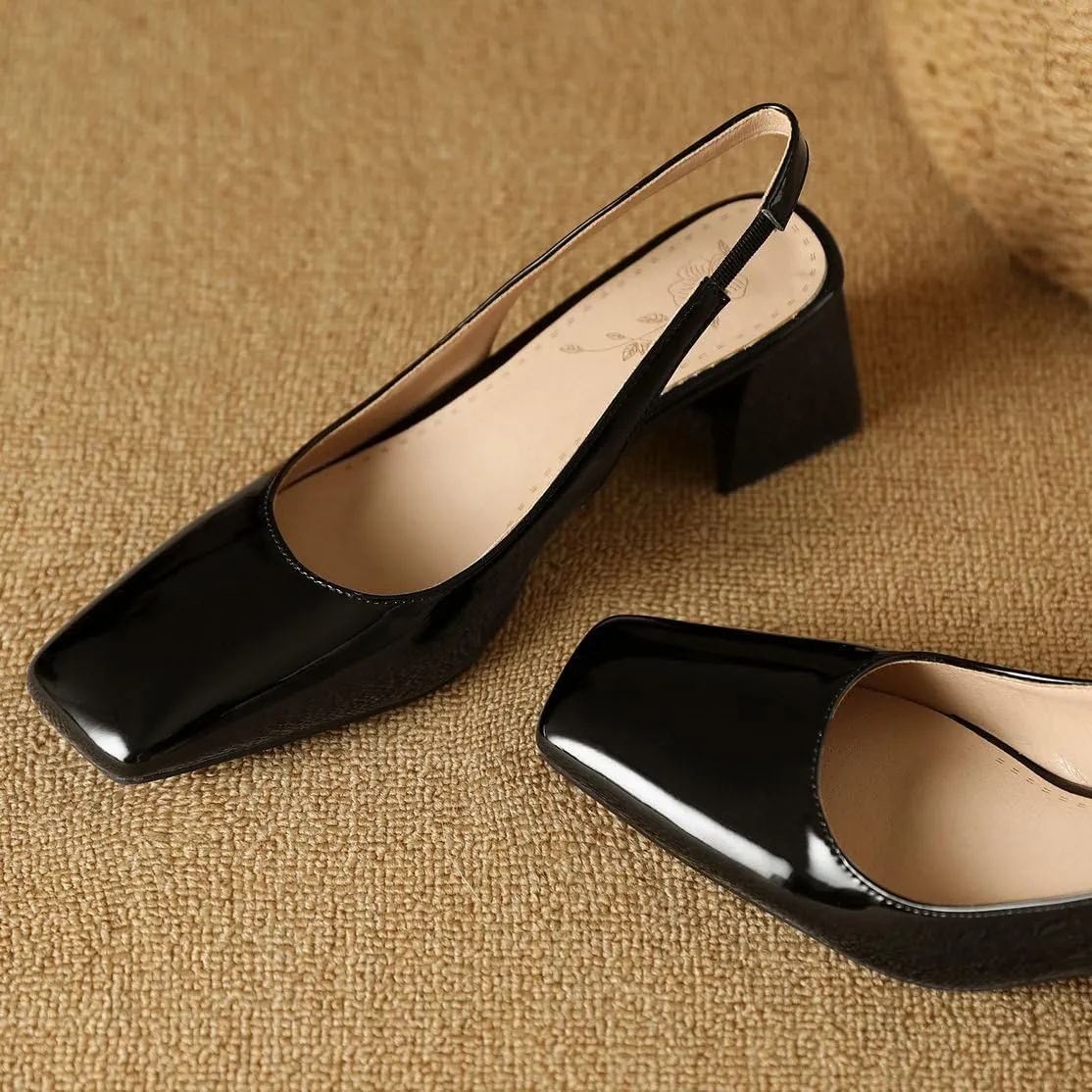 DINTAHA Womens Square Closed Toe Slingback Heels Patent Leather Low Block Heel Pumps