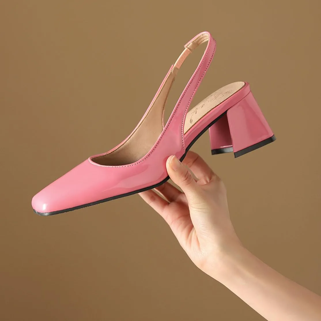 DINTAHA Womens Square Closed Toe Slingback Heels Patent Leather Low Block Heel Pumps