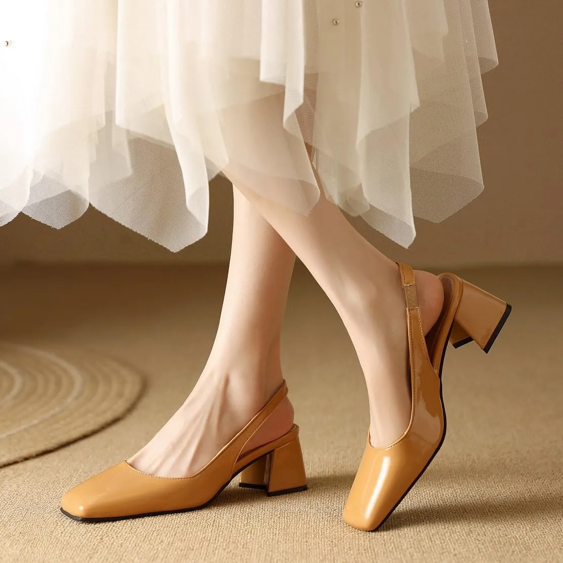 DINTAHA Womens Square Closed Toe Slingback Heels Patent Leather Low Block Heel Pumps