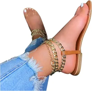 Eduavar Sandals for Women Dressy Summer, Womens Sandals Dressy Summer Beach Sandals Metal Chain Flat Sandals Comfy Sandals