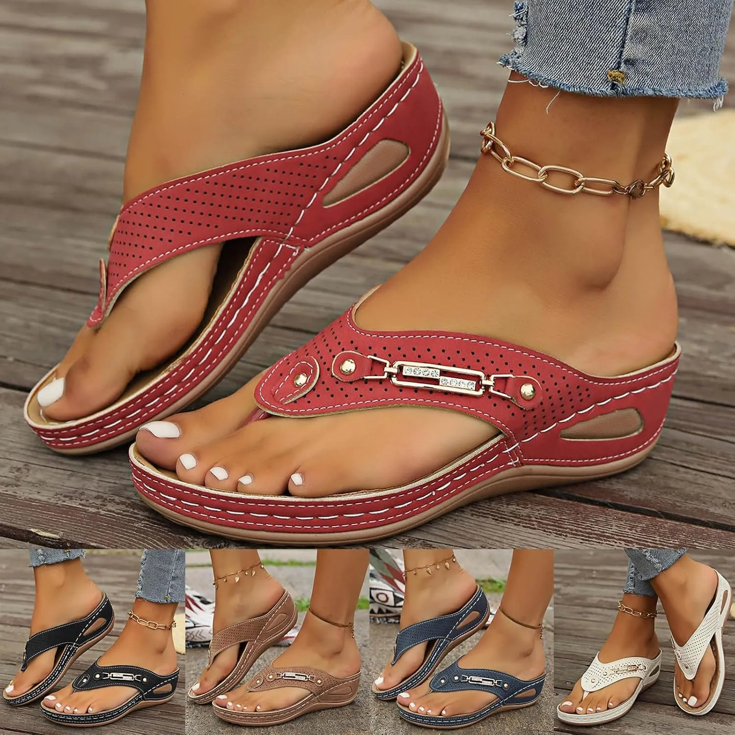 Eduavar Womens Sandals Summer Beach Slip On Orthopedic Comfortable Flip Flops with Arch Support Wedge Platform Thong Slippers