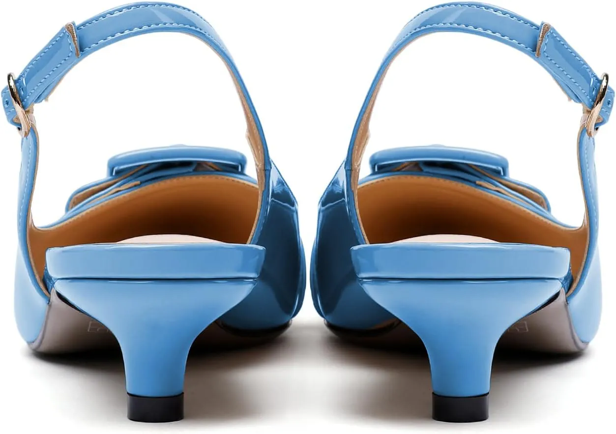 Eldof Kitten Heel Pumps for Women, Pointed Toe Slingback Low Heels, Classic Bow Heels Dress Shoes for Office Wedding Work Evening 1.4 Inches