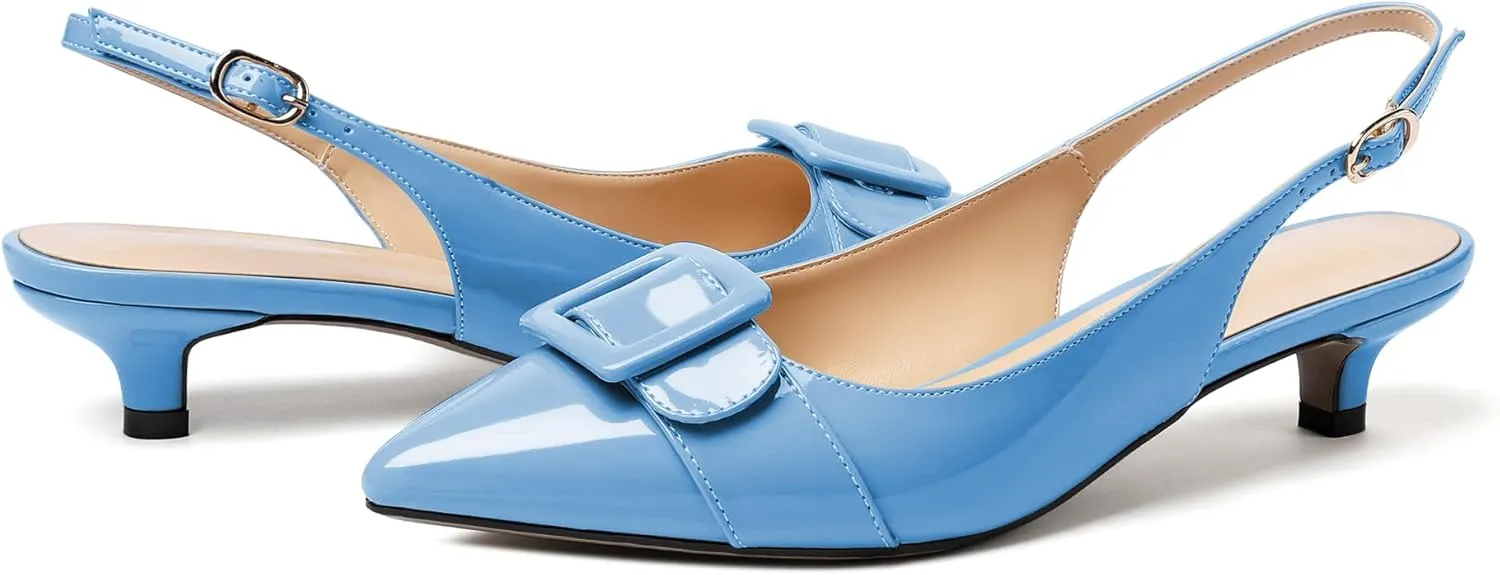 Eldof Kitten Heel Pumps for Women, Pointed Toe Slingback Low Heels, Classic Bow Heels Dress Shoes for Office Wedding Work Evening 1.4 Inches