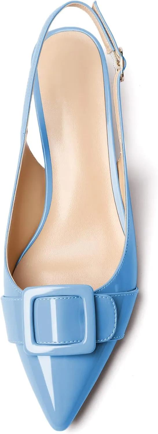 Eldof Kitten Heel Pumps for Women, Pointed Toe Slingback Low Heels, Classic Bow Heels Dress Shoes for Office Wedding Work Evening 1.4 Inches