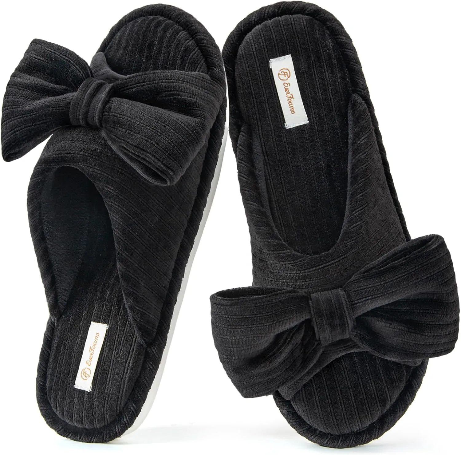 EverFoams Women's Open-Toe Bow Slippers with Memory Foam Indoor House Non-Slip Sole