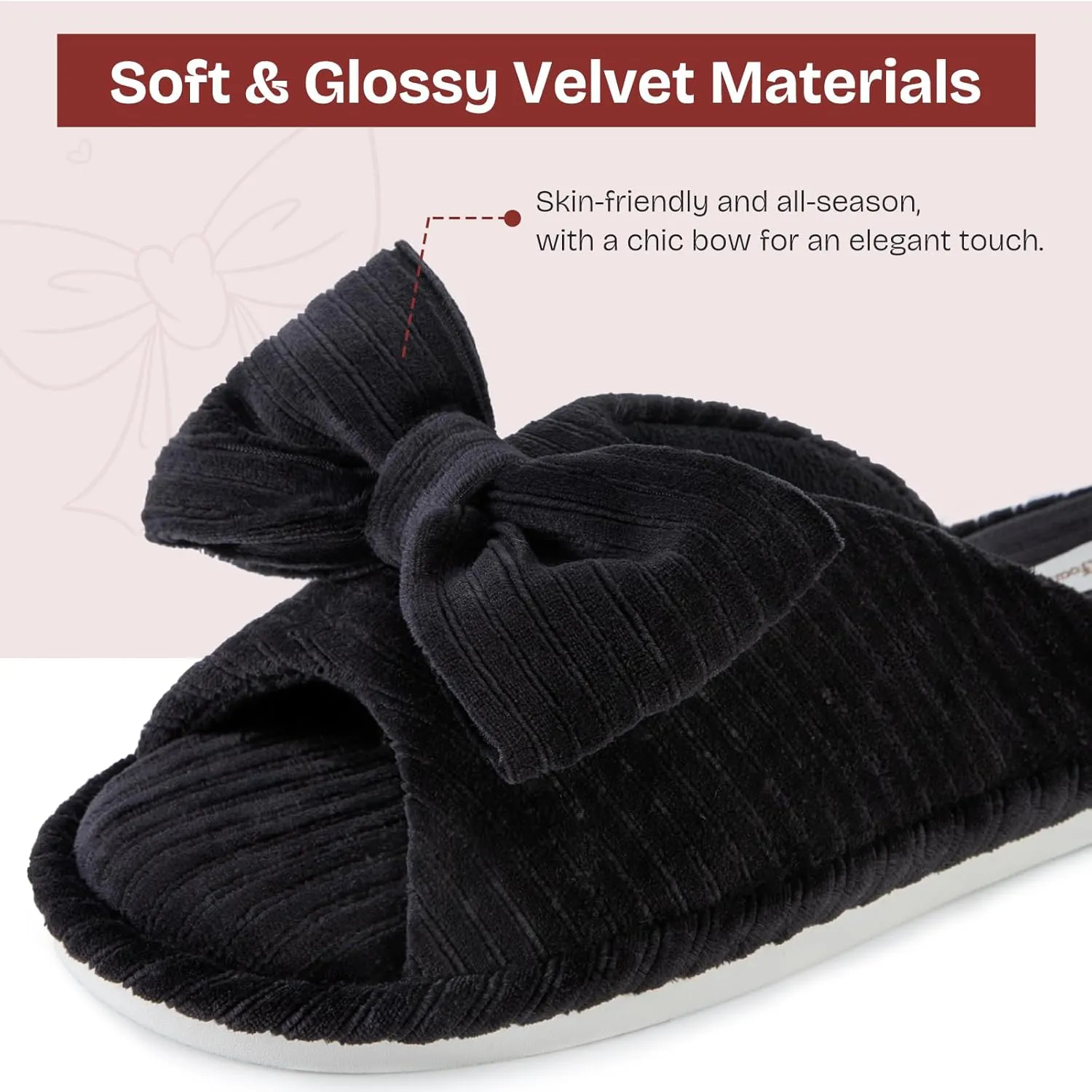 EverFoams Women's Open-Toe Bow Slippers with Memory Foam Indoor House Non-Slip Sole
