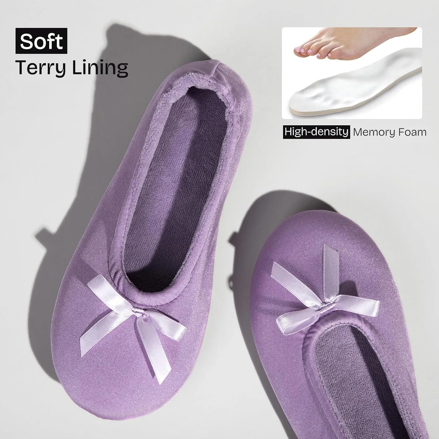 EverFoams Women's Satin Memory Foam Ballerina Slippers Cute House Shoes with Indoor Rubber Sole