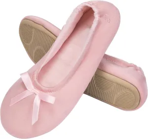 EverFoams Women's Satin Memory Foam Ballerina Slippers Cute House Shoes with Indoor Rubber Sole