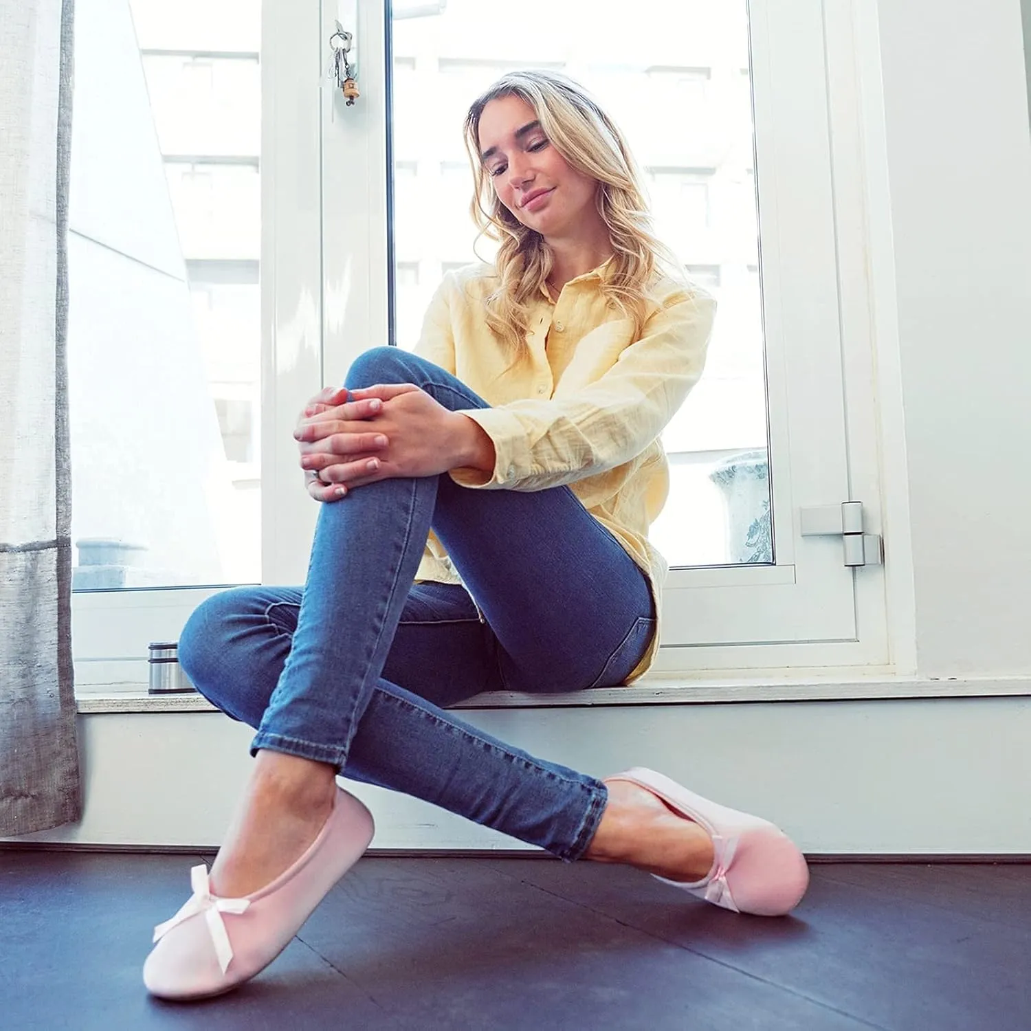 EverFoams Women's Satin Memory Foam Ballerina Slippers Cute House Shoes with Indoor Rubber Sole