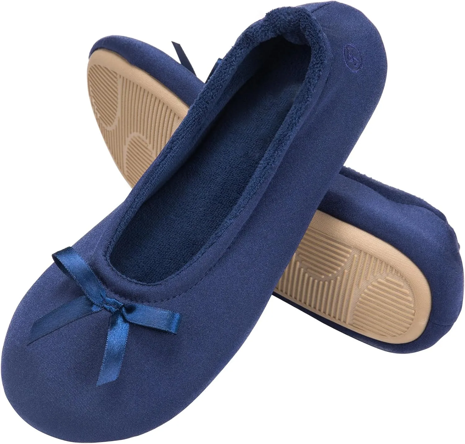 EverFoams Women's Satin Memory Foam Ballerina Slippers Cute House Shoes with Indoor Rubber Sole