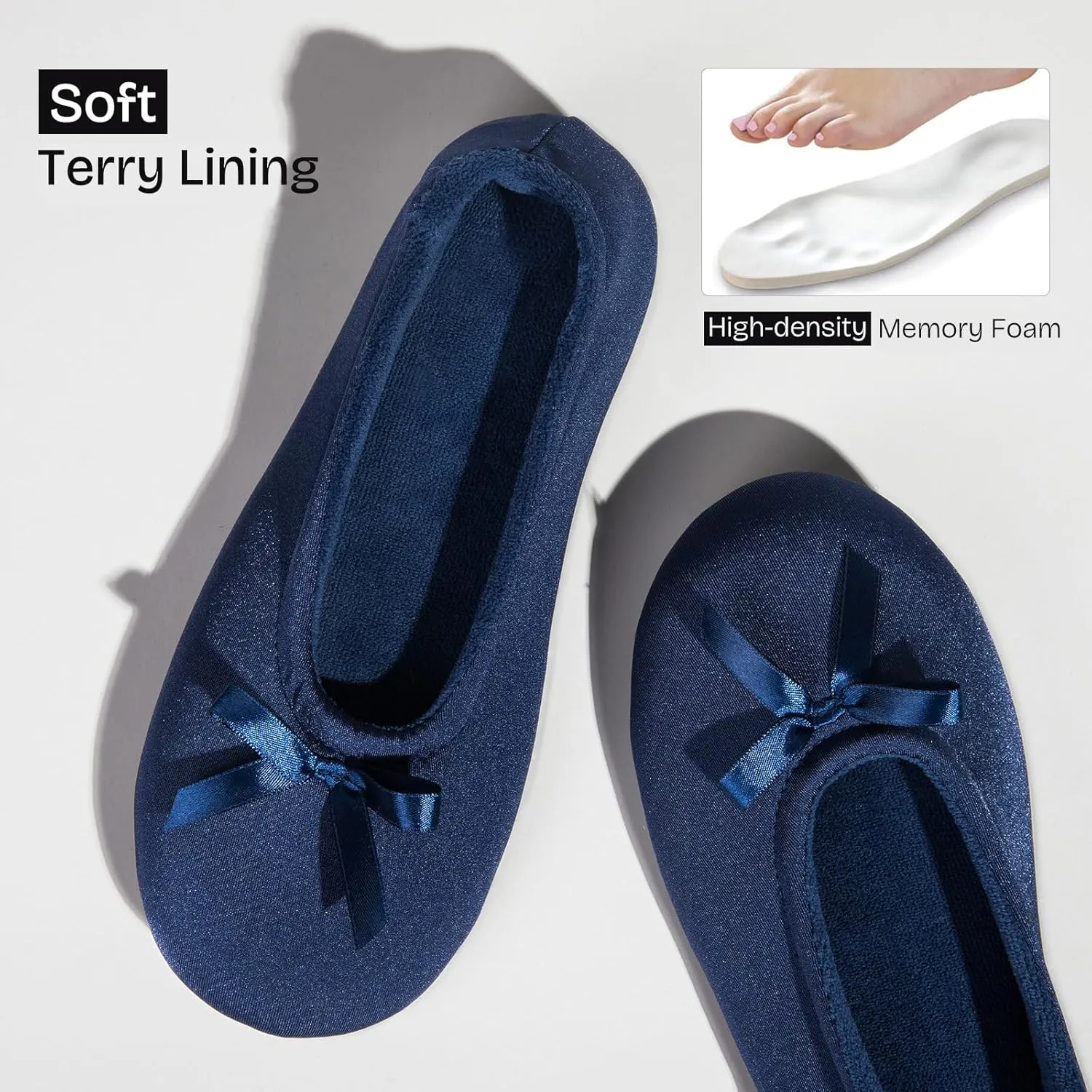 EverFoams Women's Satin Memory Foam Ballerina Slippers Cute House Shoes with Indoor Rubber Sole