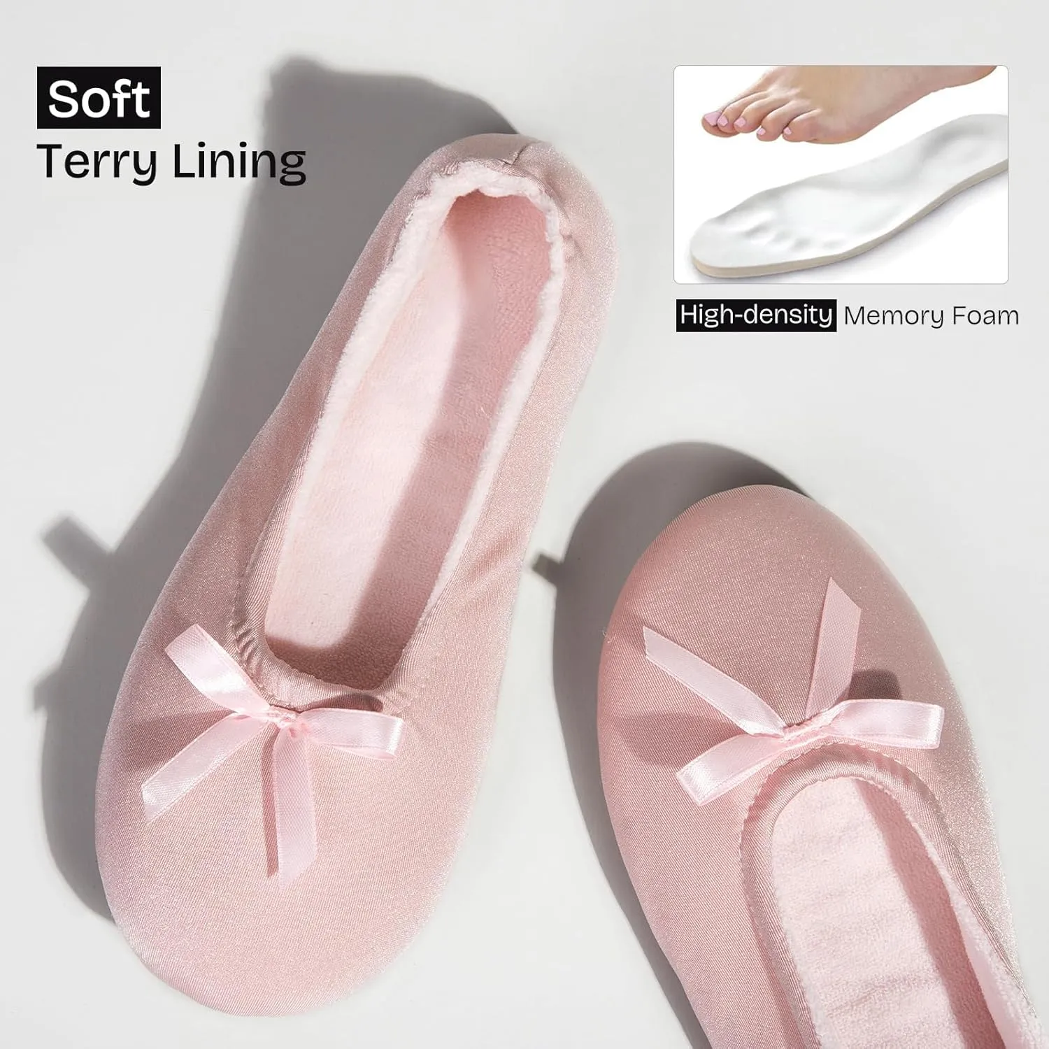 EverFoams Women's Satin Memory Foam Ballerina Slippers Cute House Shoes with Indoor Rubber Sole