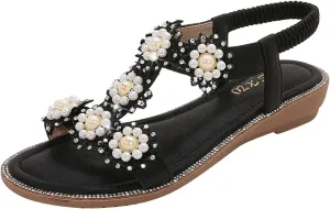 Flat Bohemian Sandals for Women Rhinestone Open Toe Slip On Casual Sandals Beach Non Slip Flat Sandals