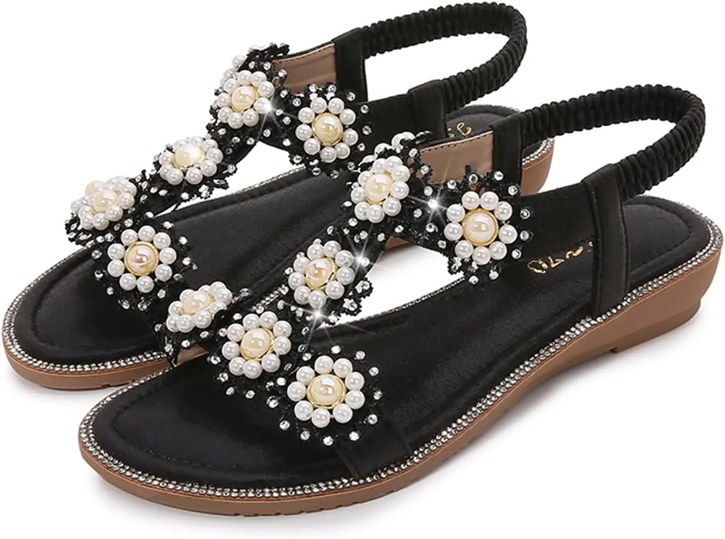 Flat Bohemian Sandals for Women Rhinestone Open Toe Slip On Casual Sandals Beach Non Slip Flat Sandals