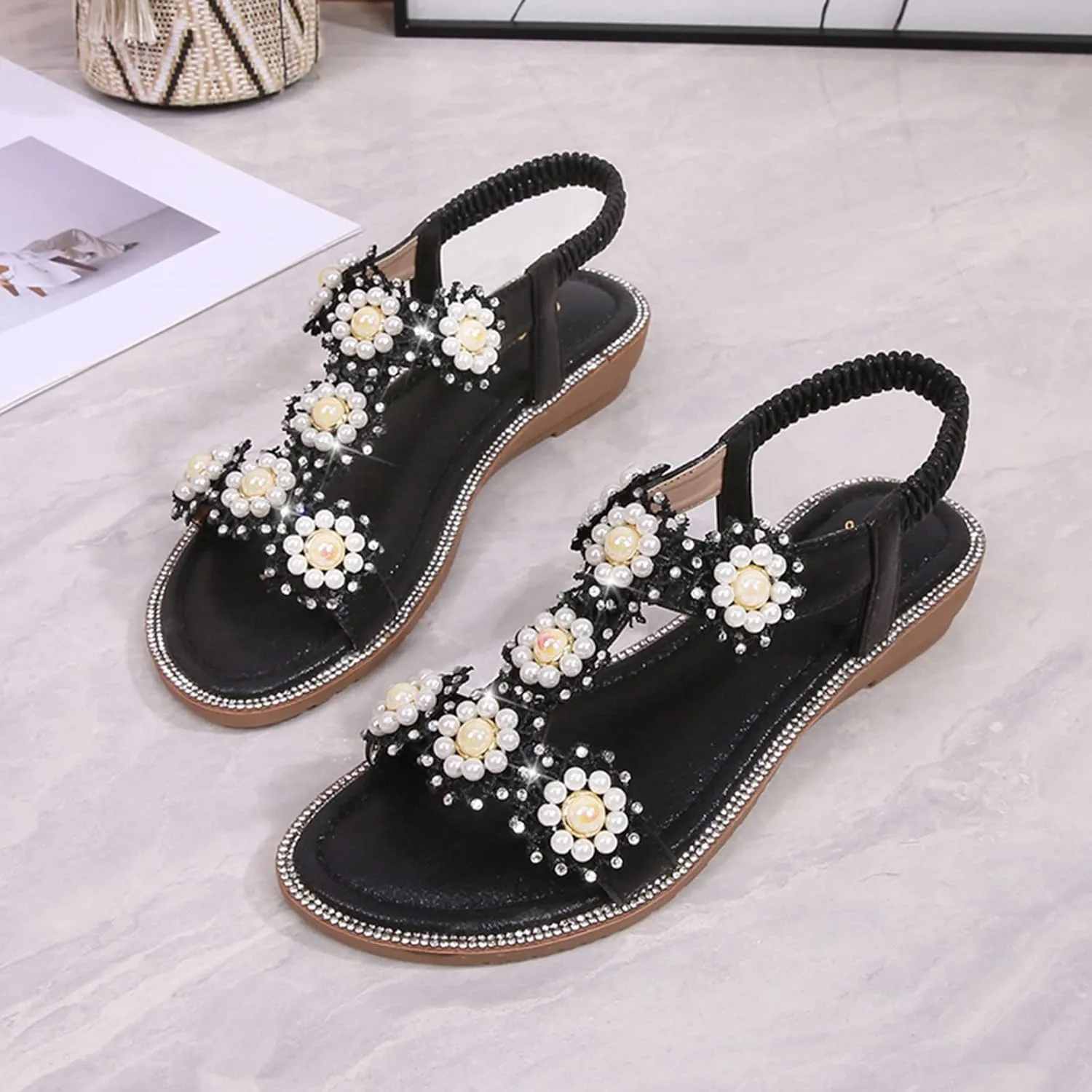 Flat Bohemian Sandals for Women Rhinestone Open Toe Slip On Casual Sandals Beach Non Slip Flat Sandals