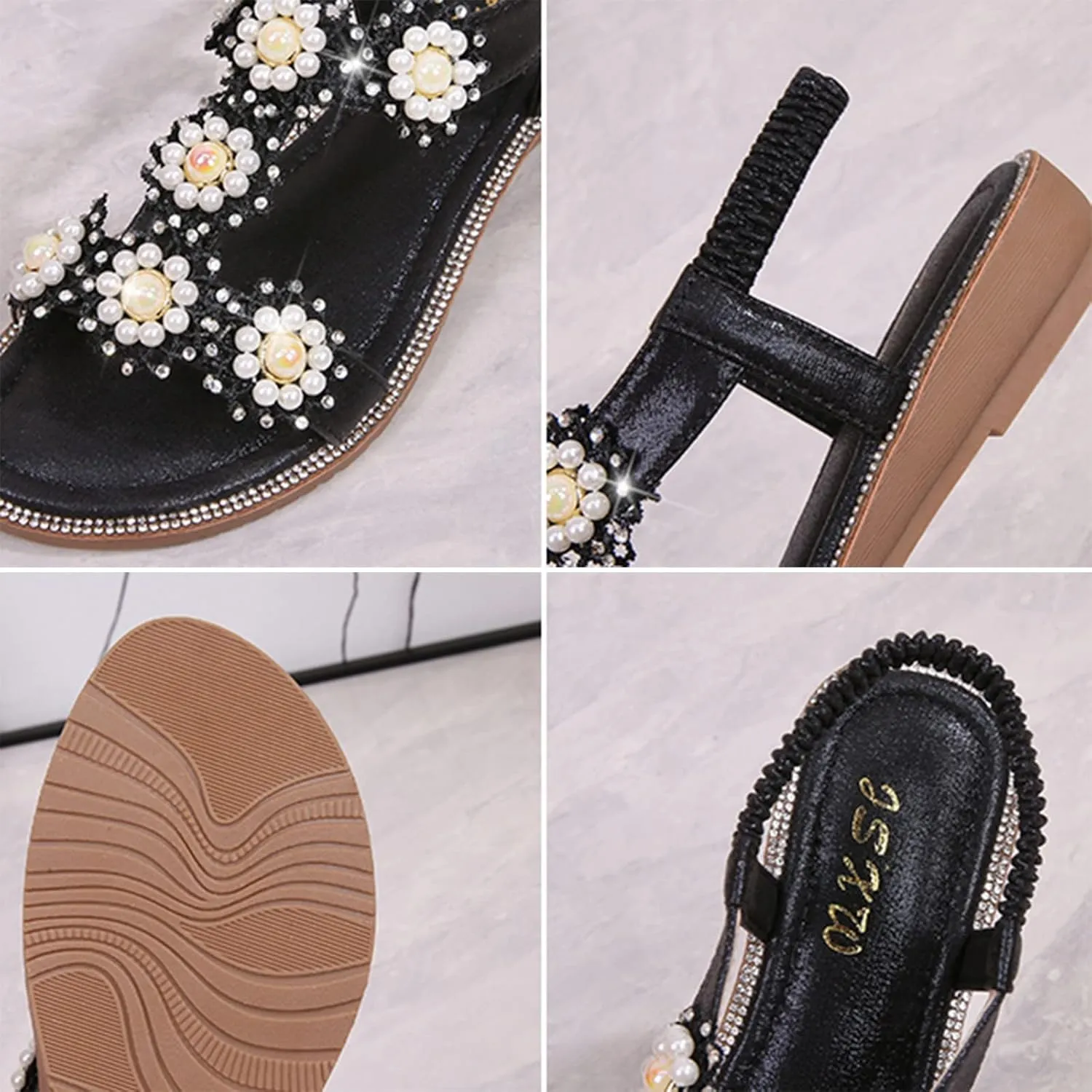 Flat Bohemian Sandals for Women Rhinestone Open Toe Slip On Casual Sandals Beach Non Slip Flat Sandals