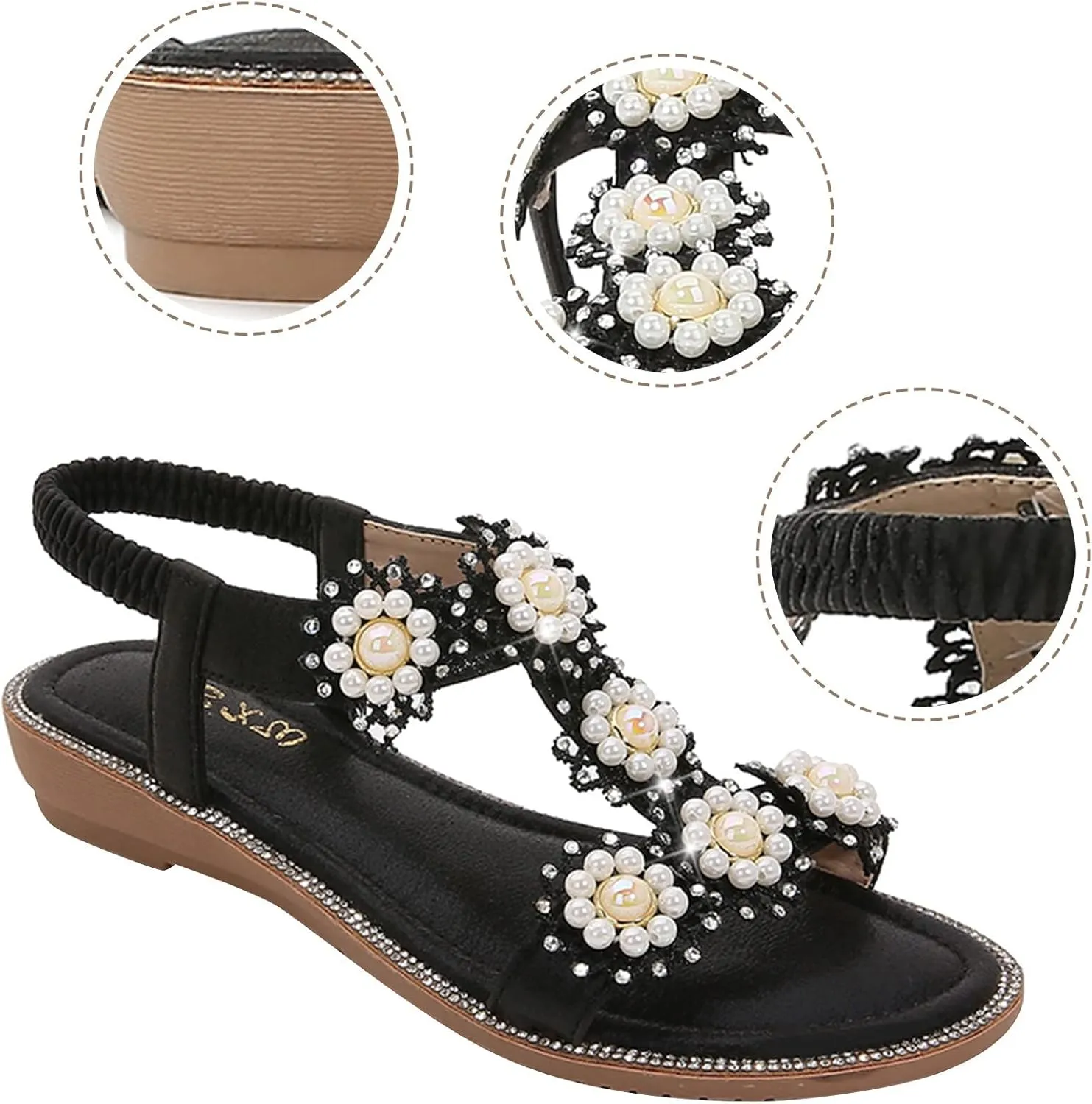 Flat Bohemian Sandals for Women Rhinestone Open Toe Slip On Casual Sandals Beach Non Slip Flat Sandals