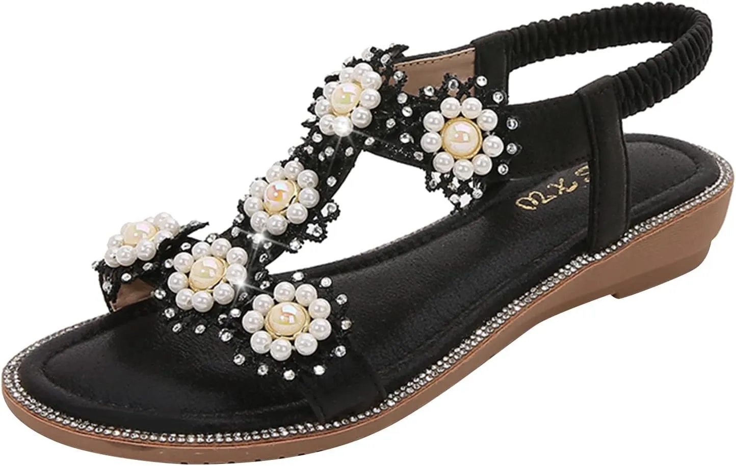 Flat Bohemian Sandals for Women Rhinestone Open Toe Slip On Casual Sandals Beach Non Slip Flat Sandals