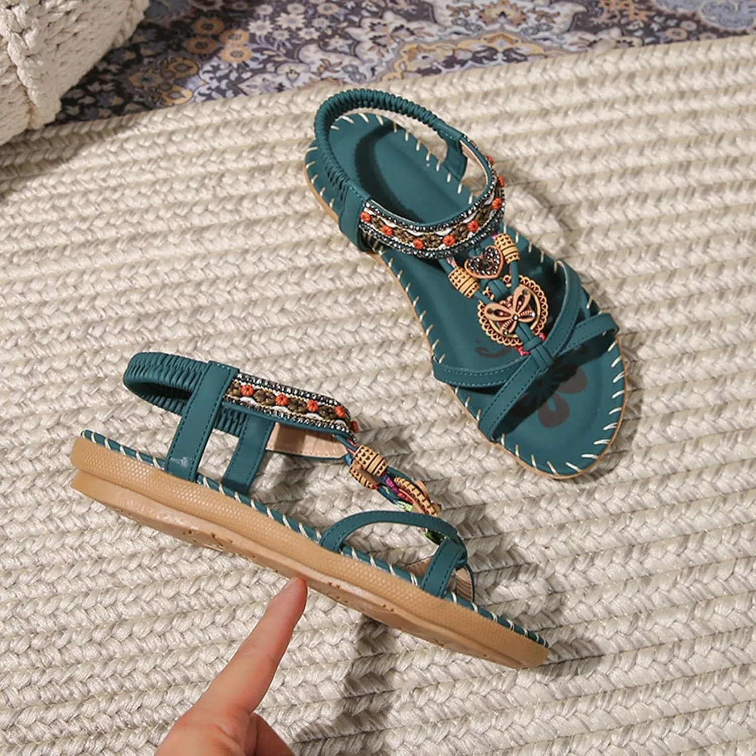 Flat Sandals for Women Dressy Open Toe Fashion Bohemian Lightweight Cushion Elastic Ankle Strap Summer Walking Shoes