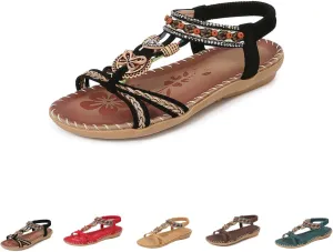 Flat Sandals for Women Dressy Open Toe Fashion Bohemian Lightweight Cushion Elastic Ankle Strap Summer Walking Shoes
