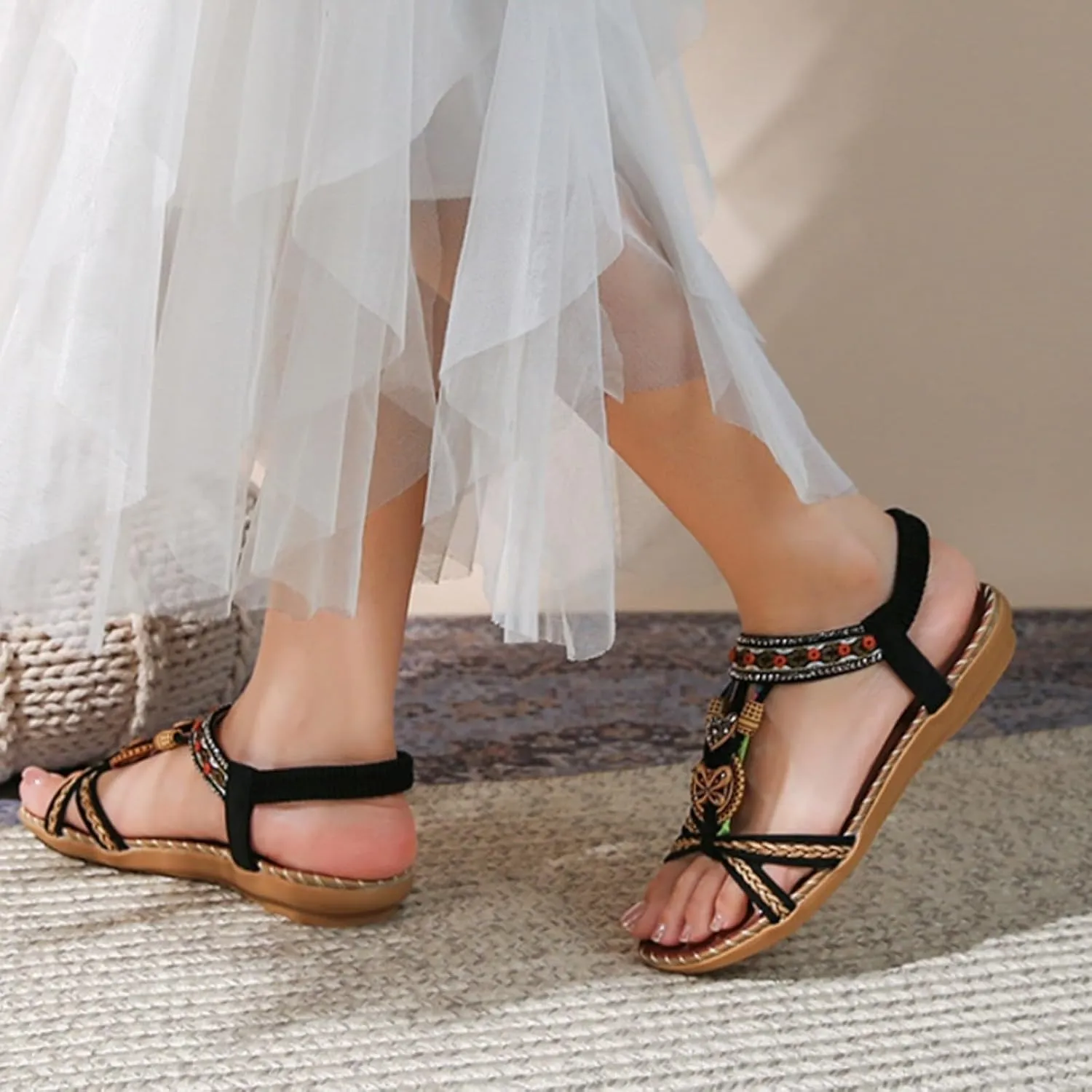 Flat Sandals for Women Dressy Open Toe Fashion Bohemian Lightweight Cushion Elastic Ankle Strap Summer Walking Shoes