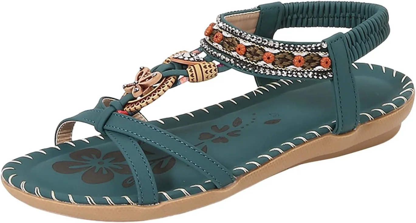 Flat Sandals for Women Dressy Open Toe Fashion Bohemian Lightweight Cushion Elastic Ankle Strap Summer Walking Shoes