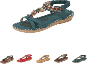 Flat Sandals for Women Dressy Open Toe Fashion Bohemian Lightweight Cushion Elastic Ankle Strap Summer Walking Shoes