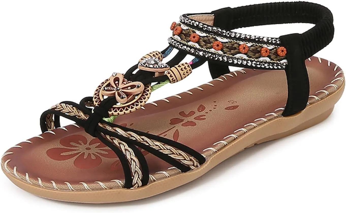 Flat Sandals for Women Dressy Open Toe Fashion Bohemian Lightweight Cushion Elastic Ankle Strap Summer Walking Shoes