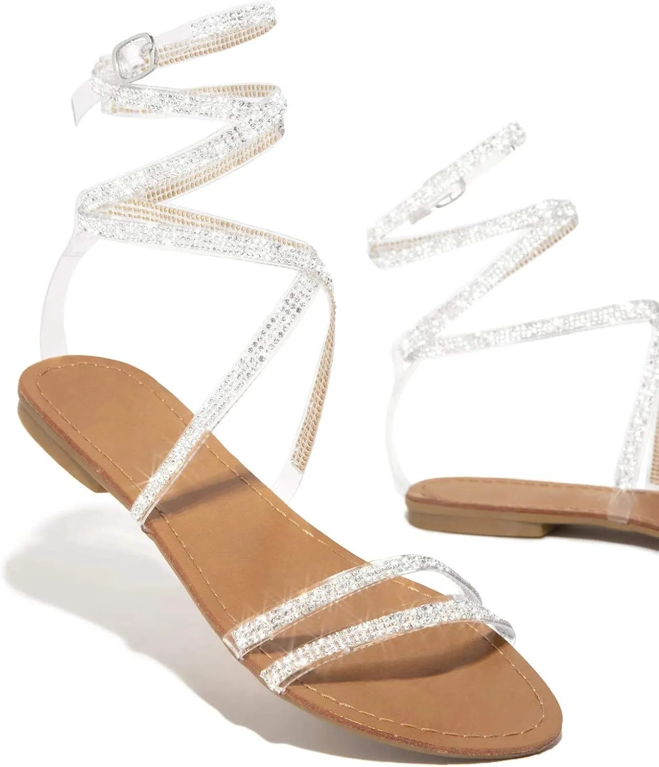 Flat Sandals for Women, Sparkly Silver Sandals Woman Dressy Summer, Rhinestone Sandals Flower Beach Flip Flops Elegant Bridal Sandals Toe Ring Strappy Wedding Sandals for Bride (a-White, 7)