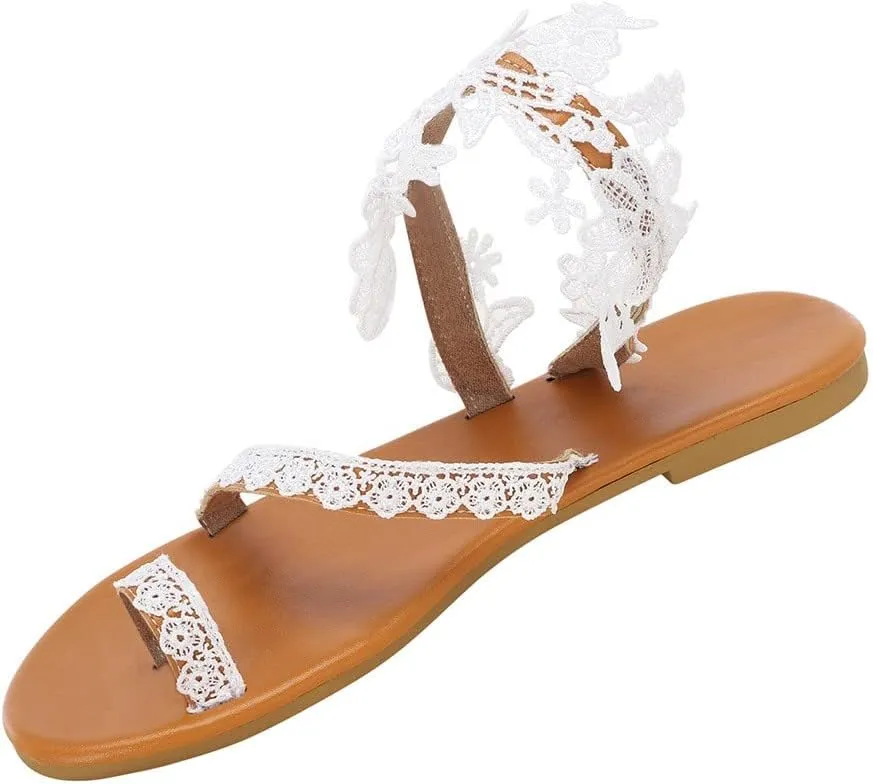 Flat Sandals for Women, White Sandals Woman Dressy Summer, Bohemian Lace Flower Beach Flip Flops Elegant Bridal Sandals Toe Ring Strappy Wedding Sandals for Bride (c-White, 8)