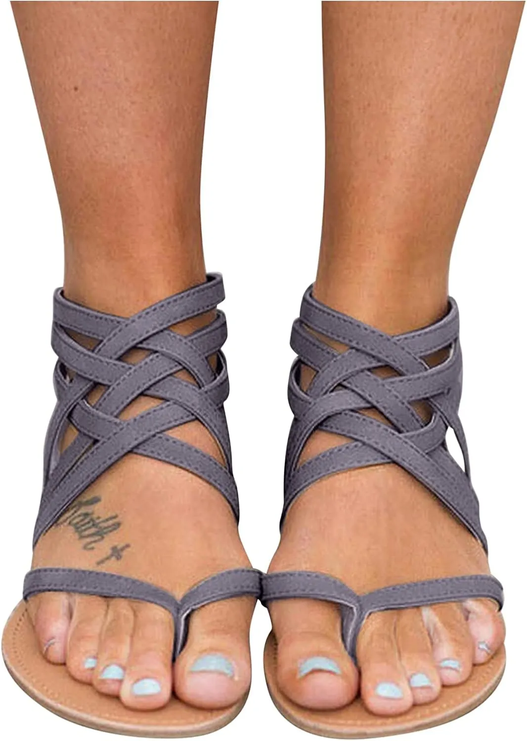 Flat Sandals for Women Zipper Back Ankle Strap Beach Open Toe Breathable Sandals Flip Flops Summer Shoes (Grey, 9)