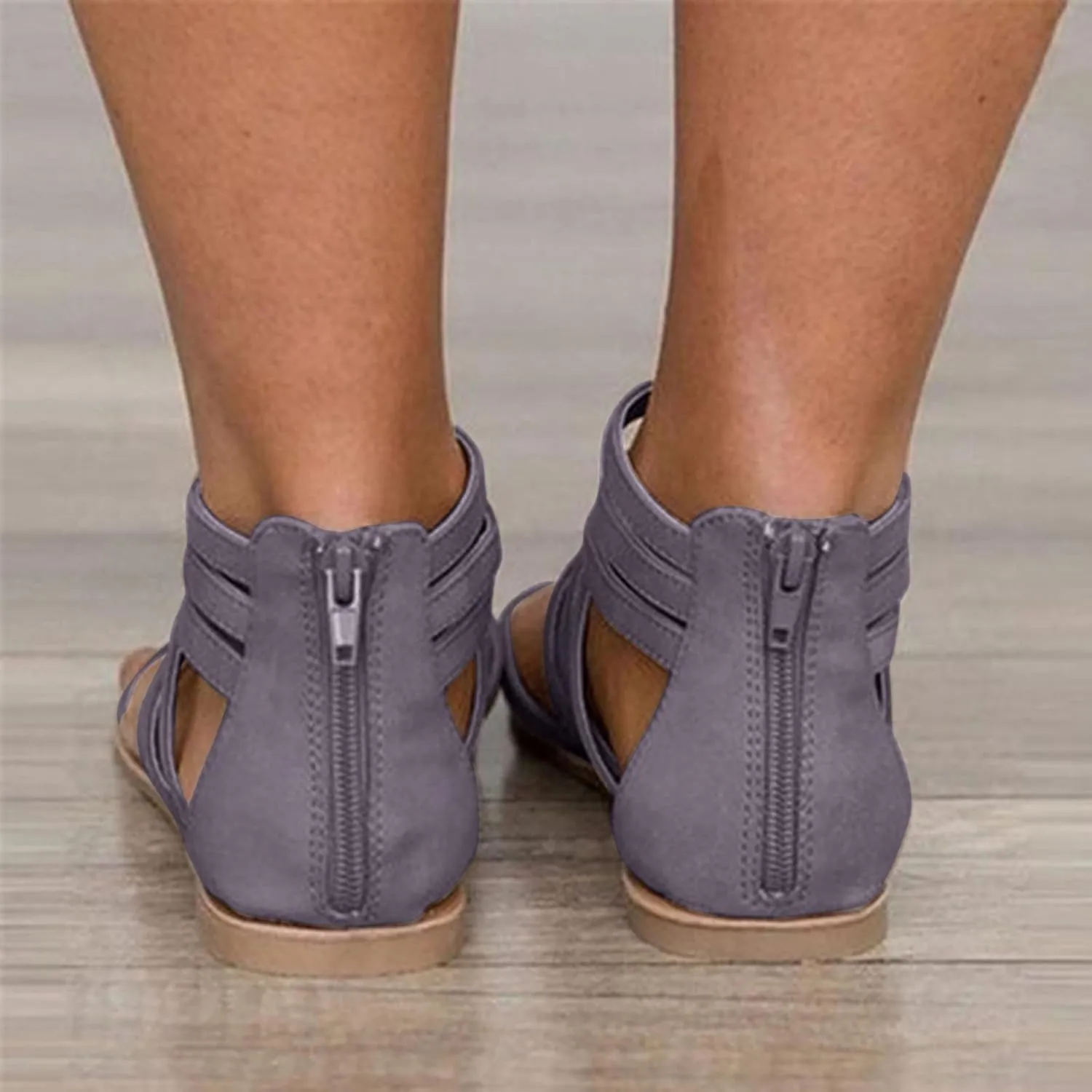 Flat Sandals for Women Zipper Back Ankle Strap Beach Open Toe Breathable Sandals Flip Flops Summer Shoes (Grey, 9)